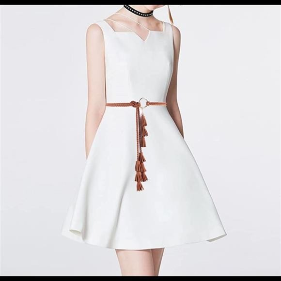 Women Girls PU Leather Waist Belt Chain Skinny Rope with Double Tassel